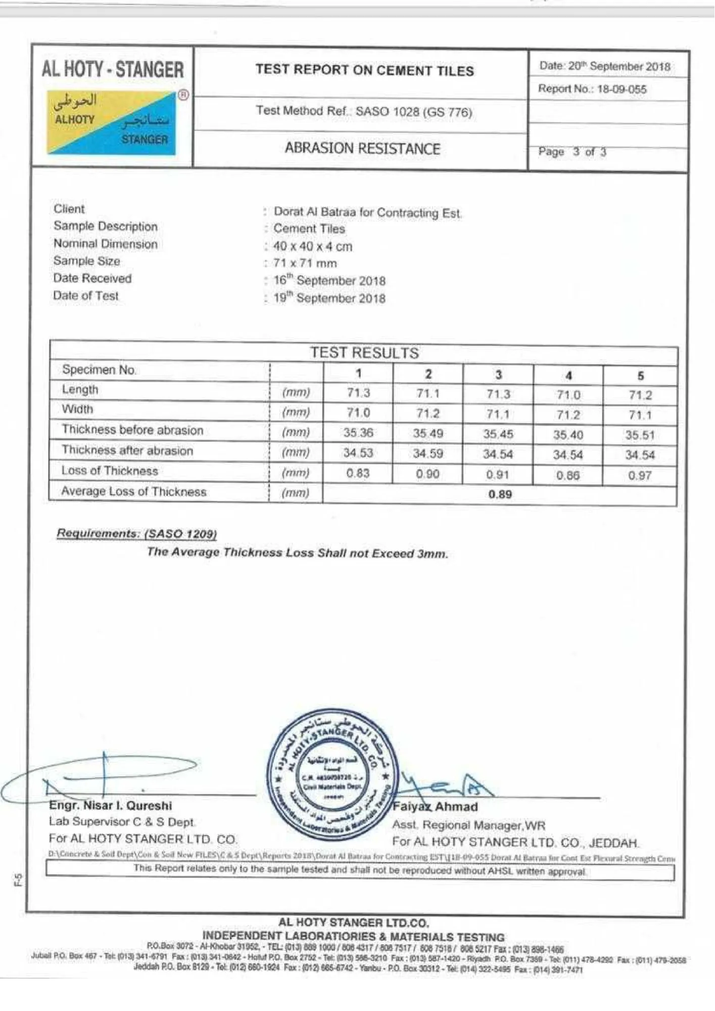 Abrasion Resistance Test Report for Cement Tiles