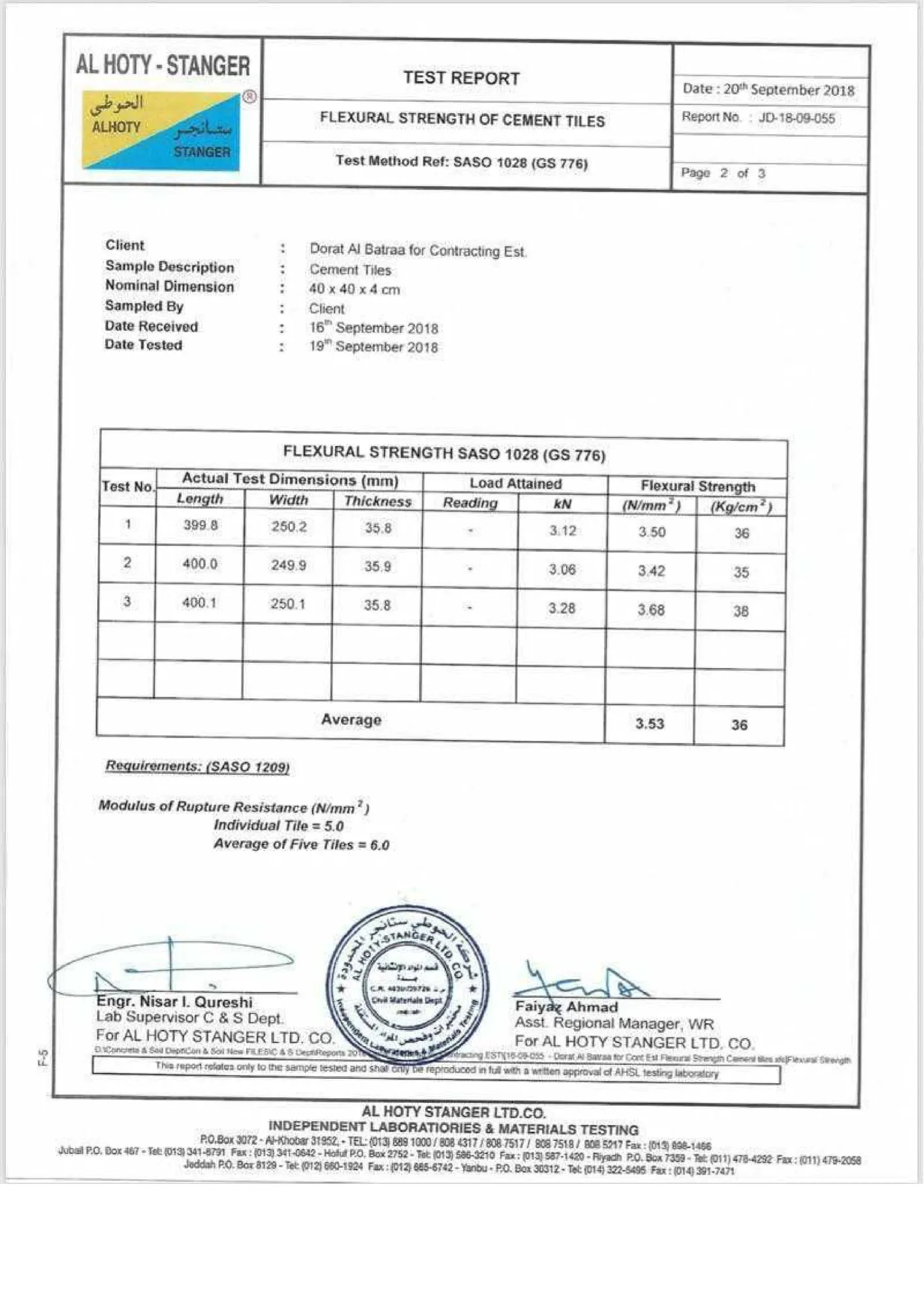 Flexural Strength Test Report for Cement Tiles