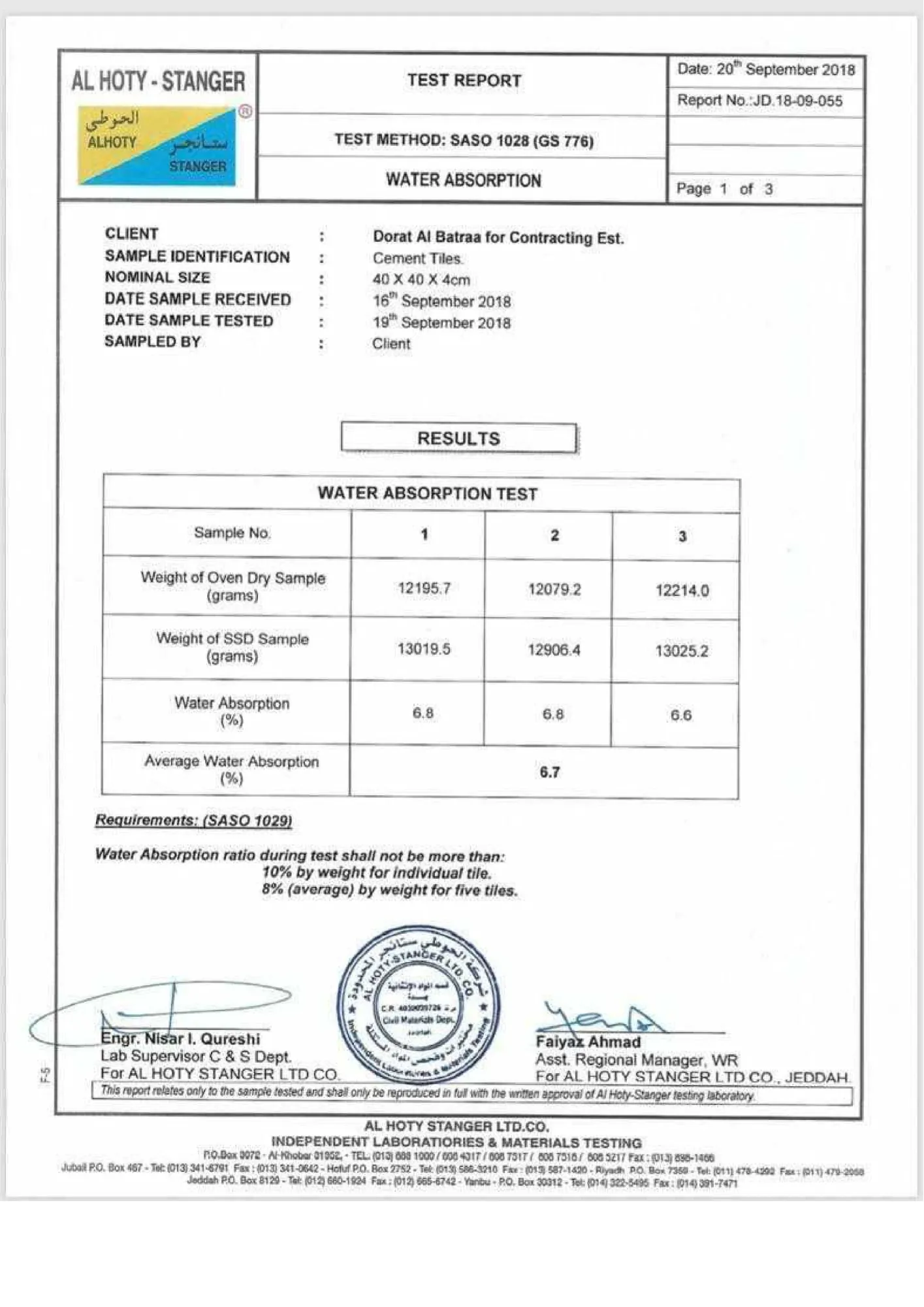 Water Absorption Test Report